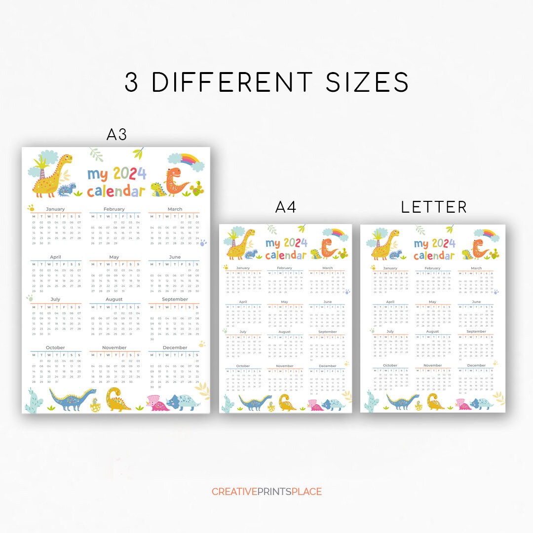 PRINTABLE Cute Dinosaur Calendar 2024, Kids Yearly Wall Calendar