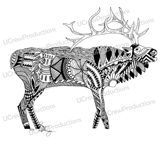 Download Free Zentangle Svg File Elk Download Bull Elk Black And White Pen Etsy SVG Cut Files