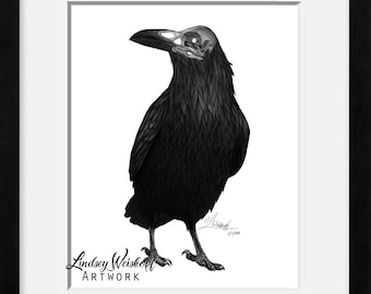 May include: Black and white illustration of a raven with its skeleton visible. The raven is standing on a white background. The artist's signature is in the bottom right corner. The text "Lindsey Weiskopf ARTWORK" is in the bottom left corner.