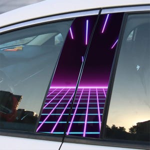 May include: Car window pillar decals with a retro 80s neon grid design. The decals feature a purple and blue grid pattern with neon lines, creating a futuristic aesthetic. The decals are installed on a white car.