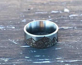 Open your mind Geometric laser engraved stainless steel unique stylish ring width 8mm Jewelry for climbers Gift for hiker