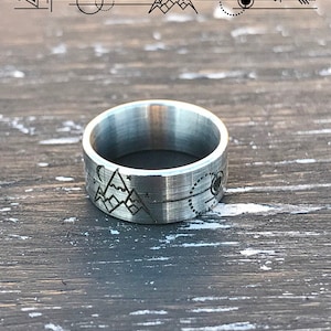 The Mountains are Calling Geometric laser engraved stainless steel unique stylish ring width 8mm Jewelry for climbers Gift for hiker