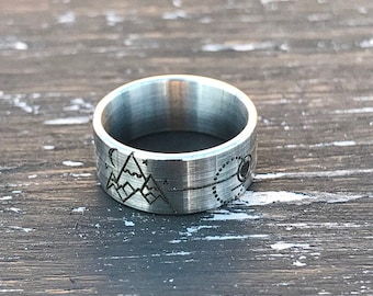 The Mountains are Calling Geometric laser engraved stainless steel unique stylish ring width 8mm Jewelry for climbers Gift for hiker