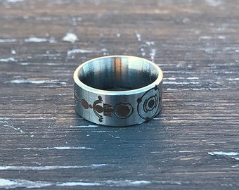 5th element laser engraved stainless steel unique stylish ring  punk  width 8mm gift for man woman urban night club style