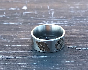 Solar system laser engraved stainless steel unique stylish ring width 8mm Planet jewelry Space Galaxy Full Moon Earth Jupiter Saturn