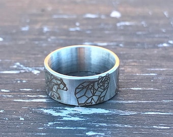 Origami  bear laser engraved stainless steel unique stylish ring width 8mm gift for nature lover grizzly gift for girlfriend  man woman