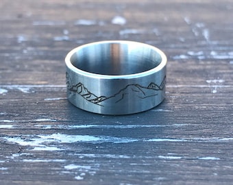 The Mountains are Calling Geometric laser engraved stainless steel unique stylish ring width 8mm Jewelry for climbers Gift for hiker