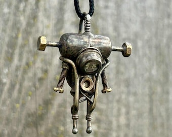 Little kind alien pendant Industrial jewelry necklace steampunk future people cyberpunk space invader whimsical weird strange universe ufo