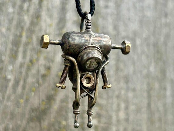 Little kind alien pendant Industrial jewelry necklace steampunk future people cyberpunk space invader whimsical weird strange universe ufo