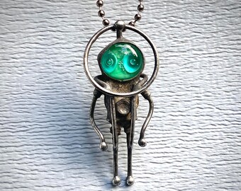 Real extraterrestrial spaceman Little kind robot pendant necklace neo steampunk future people cyberpunk space invader whimsical victorian
