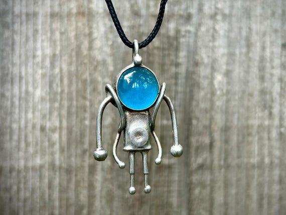 Little kind alien pendant Industrial jewelry necklace steampunk future people cyberpunk space invader whimsical weird strange universe ufo