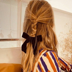 Ribbon bow, Black velvet long tail hair bow, Velvet hair tie bow, Ponytail hair bow, Velvet bow with clips, Ladies hair bow