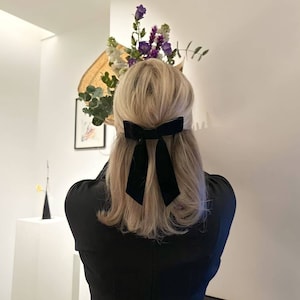 BIG Black velvet hair bow, long ribbon tails, Velvet hair accessory, French barrette, Long bow, Velvet long tail ribbon bow, Adult bow