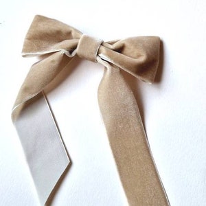 Champagne velvet hair bow, long ribbon tails, velvet hair accessory, French barrette, long bow, velvet long tail ribbon bow, adult bow
