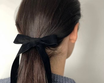 Black velvet long tail hair bow, Velvet hair tie bow, Ribbon bow, Ponytail hair bow, Velvet bow with clips, Ladies hair bow