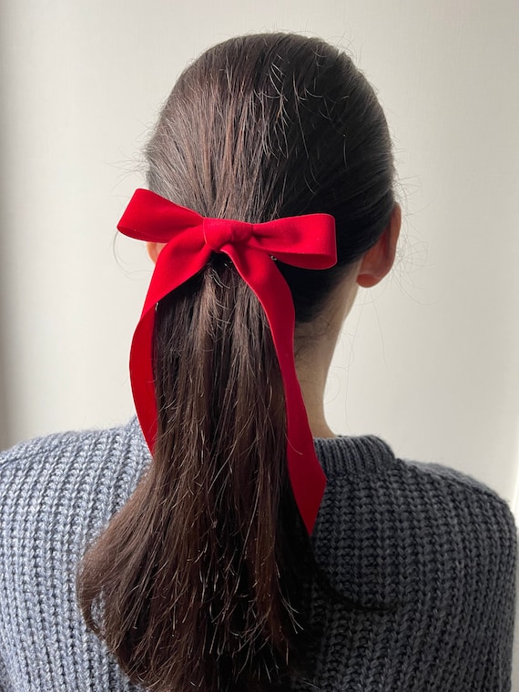 Red Velvet Long Tail Hair Bow, Velvet Hair Tie, Ribbon Bow