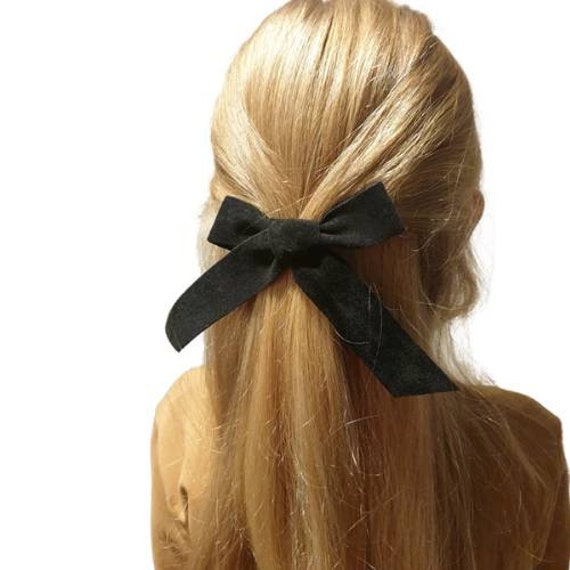 BohoBowAccessories Black Bow Hair Ponytail, Hair Ribbon, Velvet Bow, Hair Ponytail Bow, Red Long Tail Hair Bow, French Hair Bow, Barrette Hair Bow