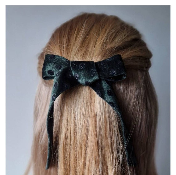 Black Velvet Long Tail Hair Bow, Velvet Hair Tie Bow, Ribbon Bow
