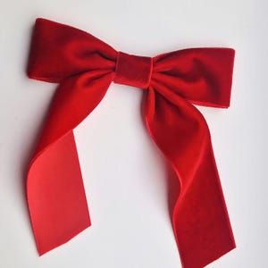 Red velvet hair bow, long ribbon tails, velvet hair accessory, French barrette, Long bow, Velvet long tail ribbon bow, adult bow