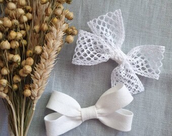 White hair clips, Linen hair bow, Toddler hair bows, Christening bows, Pigtail bows, Set of 2, Lace bows, Boho bow, Linen hair clip