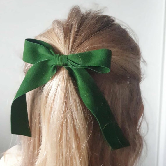 Green Velvet Bow, Long Hair Bow, Handtied Woman Hair Bow, Velvet