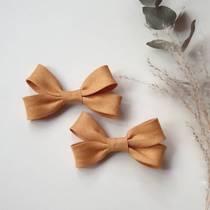 Linen hair clips, Brown pigtail bows, Baby hair clips, Neutral toddler hair clips, Schoolgirl bows, Boho bow