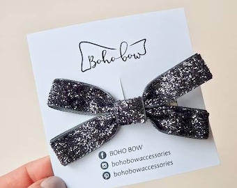 Velvet bow, Silver velvet bow, Shiny clip, Big black bow, Toddler hair bow, Adult bow, French velvet bow, Barrette bow