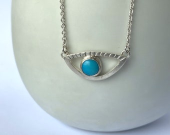 Handmade Silver Necklace with Sleeping Beauty Turquoise | Evil Eye Necklace with Natural American Turquoise | Protection Necklace