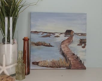 Original Painting, Coastal Art, Fishing Crab Shack, Beach House Art, Marshlands, Gift for Him, "Crab Shack" by NJ artist Linda Robinson