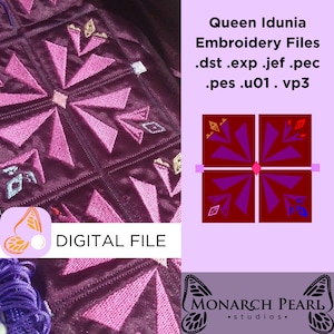 May include: Digital embroidery file for a purple and pink geometric design. The design is called "Queen Idunia" and includes the file formats .dst, .exp, .jef, .pec, .pes, .u01, and .vp3. The design is from Monarch Pearl Studios.