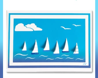 sailing card; fathers day card; homemade card; sailors card; boat card; seaside card; sea and boats card, 3D card, card for him, him card