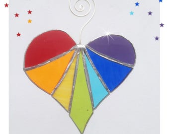 stained glass - heart - valentines - rainbow - rainbow heart - sun-catcher - window dec - home decor - gift - sun-catcher