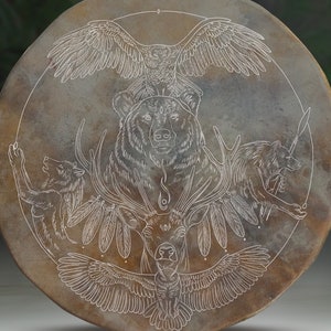 Shamanic Drum, Carved, Eagle, Bear, Deer, Owl, Wolves, Feathers, Fire