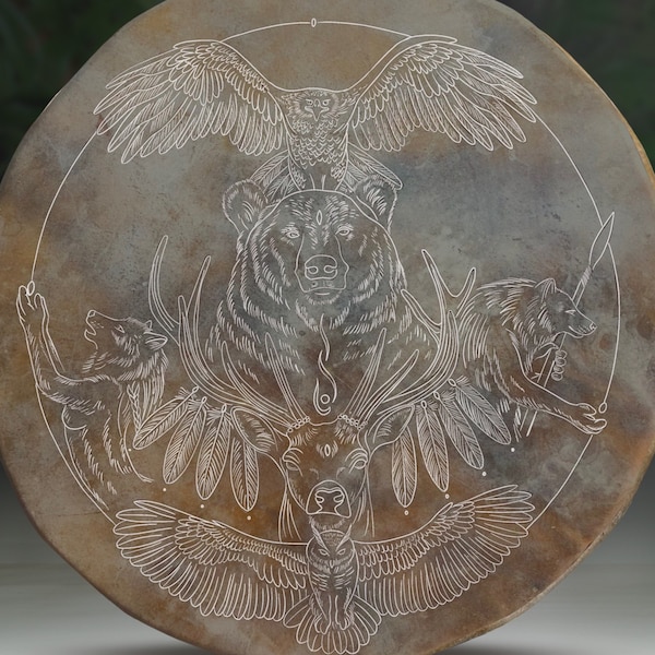 Shamanic Drum, Carved, Eagle, Bear, Deer, Owl, Wolves, Feathers, Fire