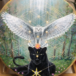 Shamanic Custom Drum Panther,Owl, totem, Flower of life, Tree of life, Sacred geometry, forest, golden.