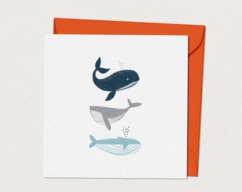 Carte de naissance - Baleines - Carte d'anniversaire à personnaliser - Illustrations animaux de l'océan - Papeterie de fête pour garçon