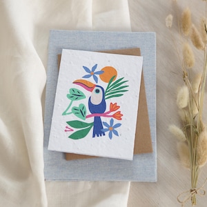 Carte de voeux Toucan - Carte ensemencée de Basilic - Intérieur vierge - Carte de souhaits à personnaliser - Illustration oiseau exotique