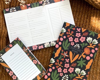 Flavie stationery set, Meal planner, notepad, Flower motif notebooks, Stationery gift set