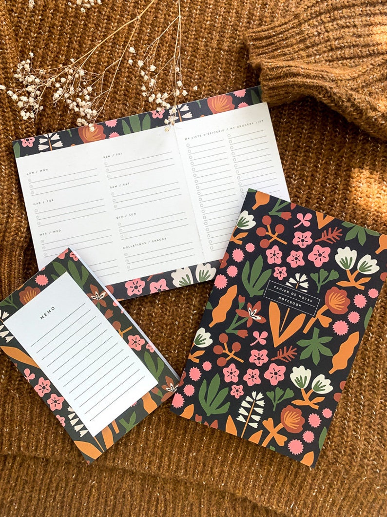 Flavie stationery set, Meal planner, notepad, Flower motif notebooks, Stationery gift set image 1