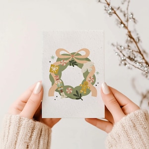 Carte à planter du temps des fêtes - Couronne festive - Carte de Noël ensemencée de basilic - Illustration de couronne de Noël
