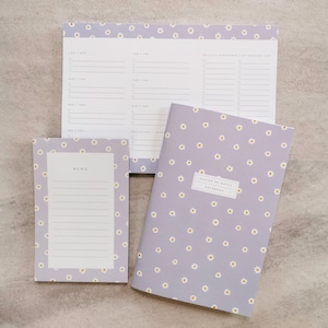 Ensemble de papeterie Marguerites, Planificateur de repas fleuri, Bloc-notes, Cahier de notes avec motifs - Ensemble cadeau de papeterie