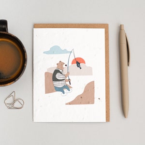 Plantable greeting card - Fishing bear - Seeded and ecological greeting card to personalize - Matching kraft envelope