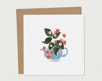 Carte de souhaits - Fraisinette - Carte personnalisée illustrations de fraises - Carte de fête pour elle- intérieur vierge à signer