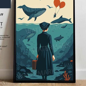 Surreal Ocean Journey Poster – 13x19&quot; Whale & Woman Dream Print – Whimsical Deep Sea Art Wall Decor