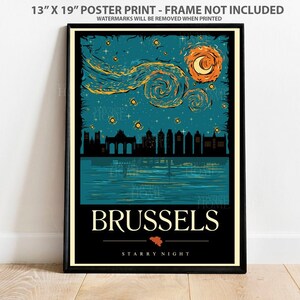 Brussels Poster - Brussels Belgium Print, Starry Night Artwork, Vintage City Decor, Travel Wall Art for Home & Office