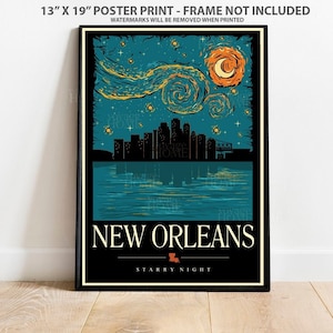 Póster de Nueva Orleans - Obra de arte de la noche estrellada - Impresión de Luisiana - Decoración vintage de Nueva Orleans para el hogar y la oficina