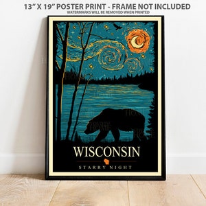 Wisconsin Bear Starry Night Poster | Art Print, Wildlife Decor, Nature Wall Art, Unique Gift, Home Decoration