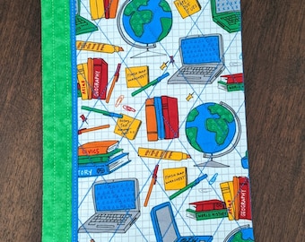 School Print Fabric Composition Notebook Cover with Ribbon Bookmarks