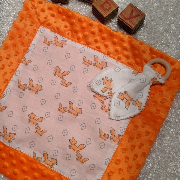 Fox Burp Cloth & Teether Set - Minky Lovey - Gauze/Orange Minky Burp Cloth/Lovey - Ready to Ship