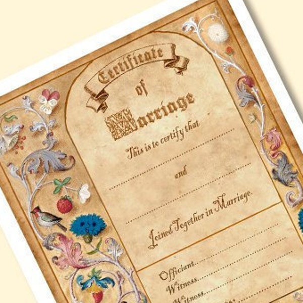 Printable Medieval style Certificate of Marriage. Vintage 06, parchment effect, the draws are a reproduction of autentical medieval book.